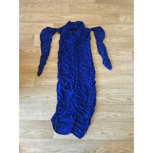 Royal Blue Ruched Cold Shoulder Cowl Neck Bodycon Midi Dress 10226D Large